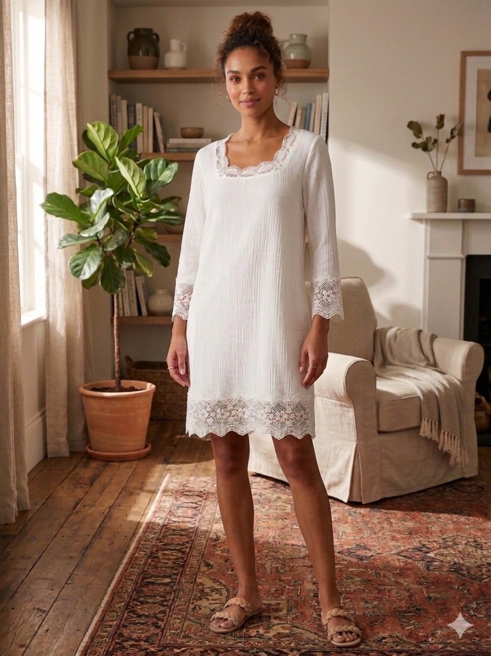 Talbots Boho White Lace Trim Shift Dress | Ethereal Cotton Blend Summer Frock